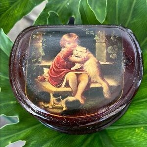 Vintage Decorative Box with Child and Dog Illustration